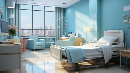 Modern hospital room interior with city view