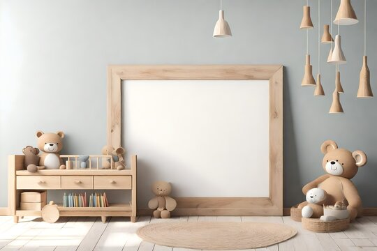 Mock up frame in children room with natural wooden furniture, Farmhouse style interior background, 3d render 