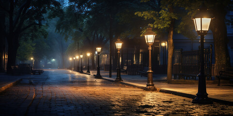 Old-fashioned lighting casting a soft glow on a quiet street at dusk - obrazy, fototapety, plakaty