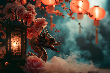 Chinese dragon statue decorated with traditional lanterns and flowers