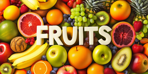 The text fruits, text design over a fruity background