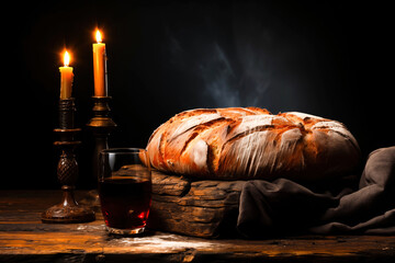 A bread loaf lies on a piece of cloth on a weathered wood stand. A glass of red wine is next to it, and two lighted candles in candlesticks stand in the background.  - obrazy, fototapety, plakaty