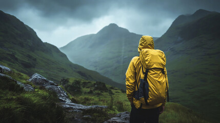 Waterproof jacket on a hiker in a rainy mountain landscape - obrazy, fototapety, plakaty