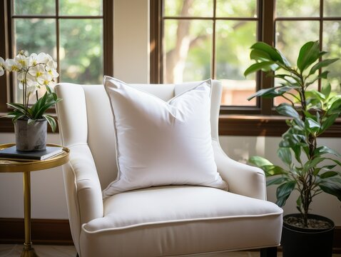 White square canvas pillow mockup on grey armchair, small cotton cushion mockup in living room interior.