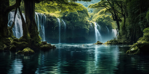 Majestic waterfall cascades into a serene lagoon, framed by lush, ancient cliffs