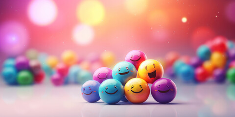 Joyful emoji balls cluster in a rainbow array, each with a unique cheerful expression