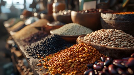 Variety of grains and legumes in a market in Morocco.