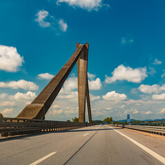 Summer view with a huge highway bridge pylon near Metten, Danube, Deggendorf, Bavaria, Germany
