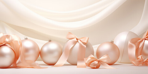 Spherical structures nestled among white and peach ribbons