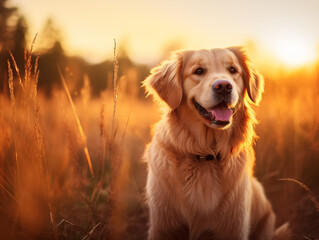 Golden Retriever dog enjoying outdoors at a large grass field at sunset, beautiful golden light	
