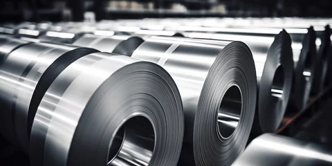 Tuinposter Steel rolls gleam with precision, stacked neatly in an industrial warehouse setting © Malika