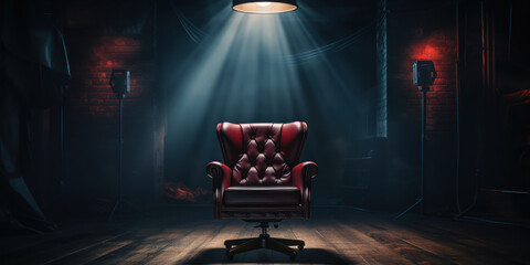 Director's chair and spotlight set the stage for a cinematic production in a dark studio - obrazy, fototapety, plakaty