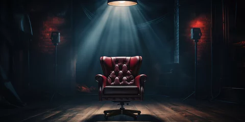 Fotobehang Director's chair and spotlight set the stage for a cinematic production in a dark studio © Malika