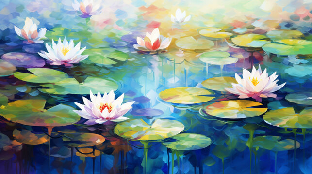 Flores de loto, flores de agua, paisaje, pintura