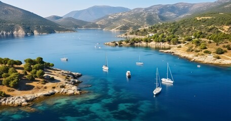 Naklejka premium A Bird's-Eye View of Boats Scattered Across a Sunlit Bay in the Vast Blue Ocean. Generative AI