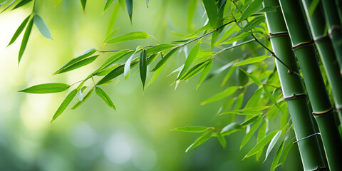 Tall bamboo stalks rise gracefully, their green leaves whispering in the light