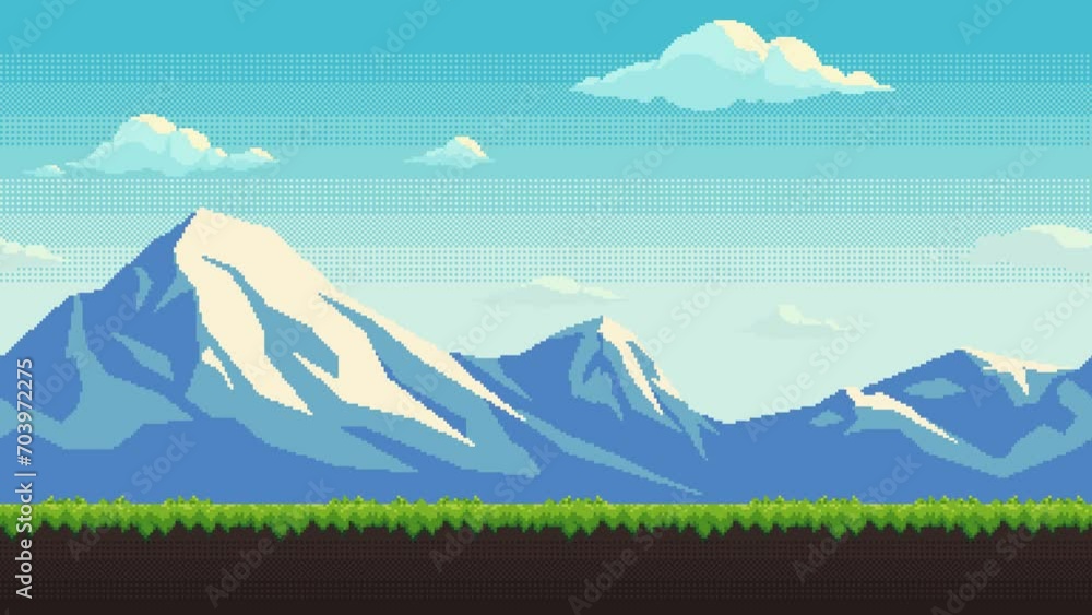 Poster pixel art animation of background with snow capped mountains, green grass and clouds. animated loopi