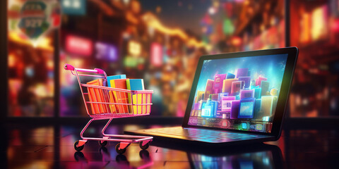 An online shopping spree depicted by a cart on a glowing computer screen - obrazy, fototapety, plakaty
