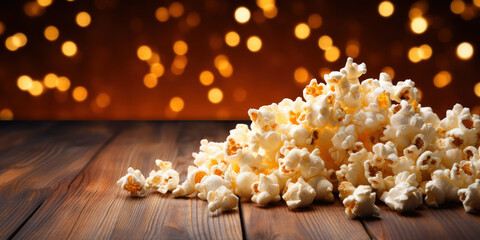 Heap of popcorn on a wooden surface, with a bokeh of warm lights creating a cozy ambiance