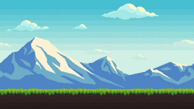 Pixel art animation of background with snow capped mountains, green grass and clouds. Animated looping 8 bit landscape.