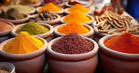 A Diverse Collection of Brightly Colored Indian Spices at a Market. Generative AI