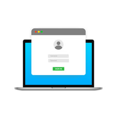 Login to account mockup. Flat, color, laptop screen, username and password, empty rows, light input. Vector icon