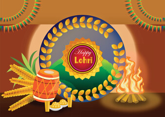Illustration of Indian crop festival Happy Lohri 2024 celebration celebrated by the people of Punjab state of India.