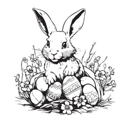 Rabbit with easter eggs illustration, drawing, engraving, line art