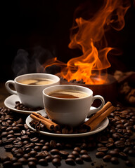 Obraz premium Close up white coffee cup With Beans On Vintage Table, coffee beans in a sack.