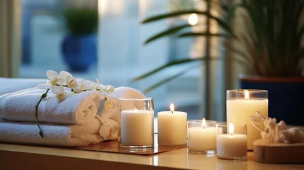 Papier Peint photo Spa An elegant spa concept featuring pristine towels, lit candles, and orchids, perfect for a home relaxation space.