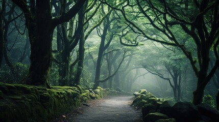 A tranquil forest path meanders through towering trees covered in vibrant green moss, shrouded in...