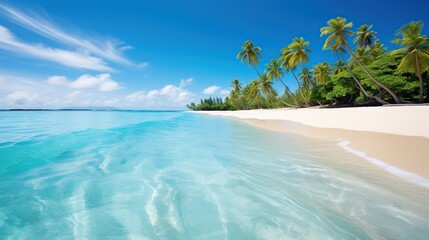 Serene tropical shoreline with crystal-clear aqua waters, white sand, and abundant palm trees under a sunny sky.