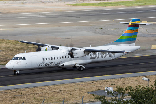 Stockholm, Sweden - July 1, 2023: Flygbra, Braathens Airlines aircraft on the runway at Stockholm Bromma airport in Sweden