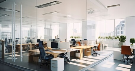 Corporate Elegance - Empty modern office workspace interior. Generative AI - obrazy, fototapety, plakaty