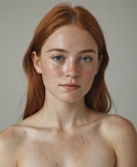 Studio beauty portrait of very natural woman with freckles