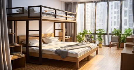 A Charming Hostel Bedroom Boasting a Stylish and Inviting Double Bed. Generative AI