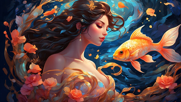 Zodiac sign of Pisces, Acrylic painting of a beautiful mermaid girl, Illustration, under water, Generative AI