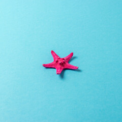 Fototapeta na wymiar Creative composition with red starfish on bright background. Summer minimal concept.
