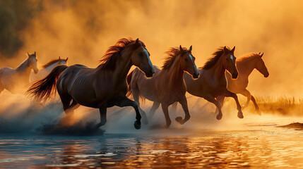 A group horse running across a lake.
