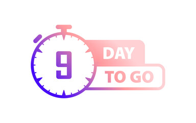 Day to go sign. Flat, color, 9 day to go sign, stopwatch icon. Vector icon