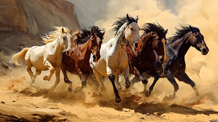 group of horses are running through a field.
