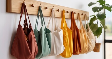 Stylish and Sustainable Bags Hanging Neatly on a Hook. Generative AI