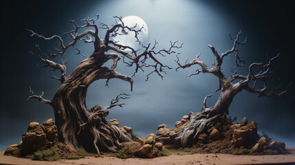 Moonlit diorama of a gnarly dead tree
