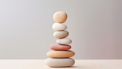 Spa, balance, meditation and zen minimal modern concept. Stack of stone pebbles against beige wall for design and presentation