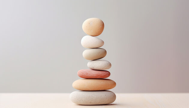 Spa, balance, meditation and zen minimal modern concept. Stack of stone pebbles against beige wall for design and presentation