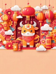 Fototapeta premium Chinese New Year Festival Illustration Paper Art Paper Cut background, Cute Style generative ai ART