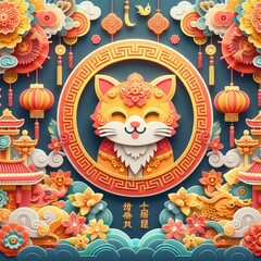 Chinese New Year Festival Illustration Paper Art Paper Cut background, Cute Style generative ai   ART