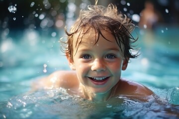 Fototapeta na wymiar Portrait of a cute little boy playing in the swimming pool.
