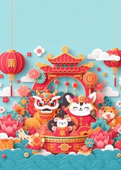 Chinese New Year Festival Illustration Paper Art Paper Cut background, Cute Style generative ai   ART