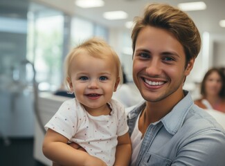 smiling father and daughter in kids dental clinic